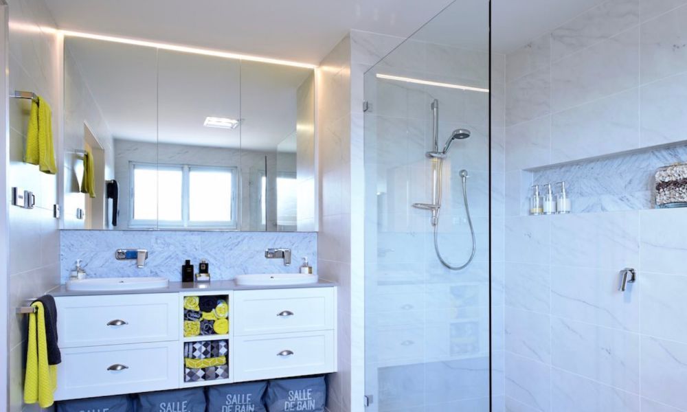 A Bathroom With Two Sinks and a Walk in Shower — QBC Constructions In Gerringong, NSW