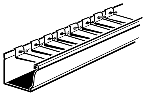 Technical line drawing of a cable tray or ladder rack with a slotted top and open side channels.