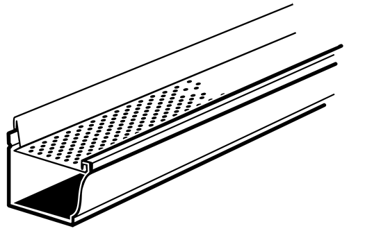 Cross-section of a metal channel with a perforated top surface.