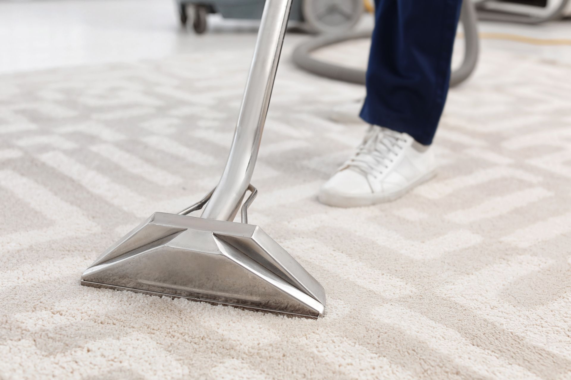 Person steam cleaning a patterned rug indoors with a steam cleaner, visible vapor.