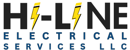 Logo for H-LINE ELECTRICAL SERVICES LLC, featuring a stylized lightning bolt and dark blue text on a white background.