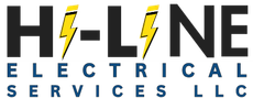 Logo for H-LINE ELECTRICAL SERVICES LLC, featuring a stylized lightning bolt and dark blue text on a white background.