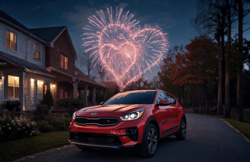 Red SUV parked on a quiet street at night with heart-shaped fireworks in the sky.