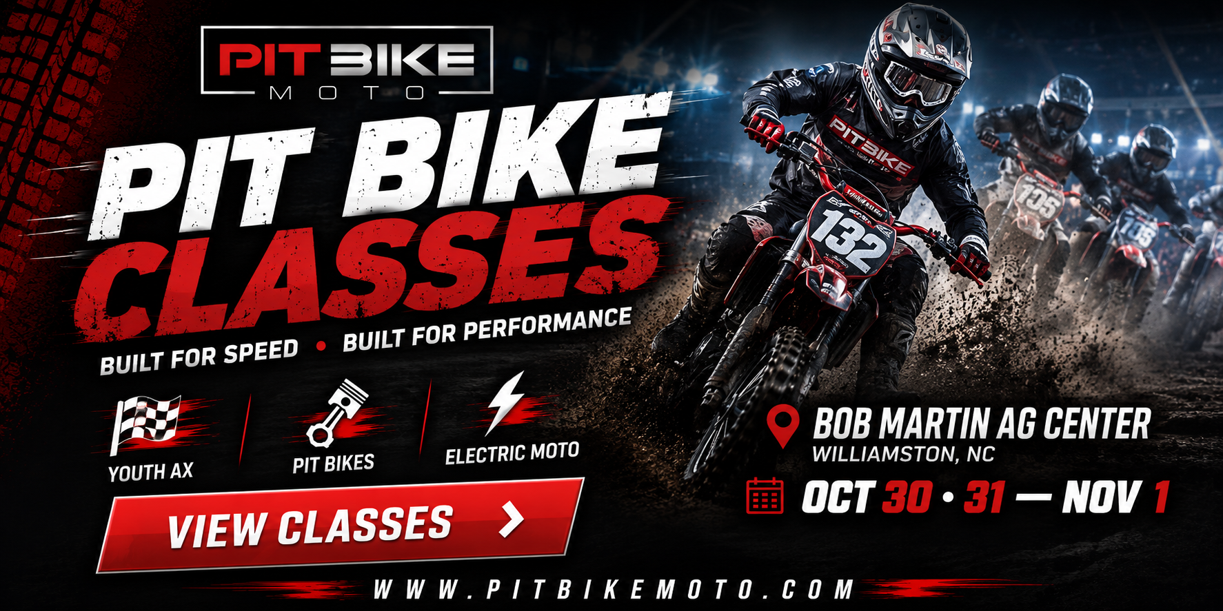 Pit bike classes promo with motocross rider on muddy track and “View Classes” button
