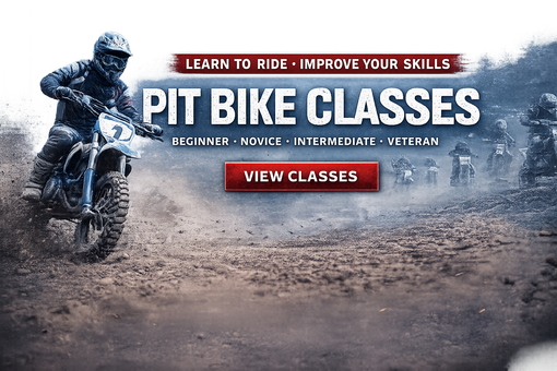 Pit bike classes promo with motocross rider on muddy track and “View Classes” button