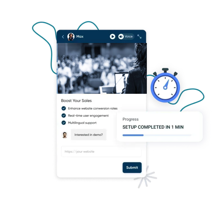 A screenshot of a website with a clock and a message that says setup completed in 1 min.