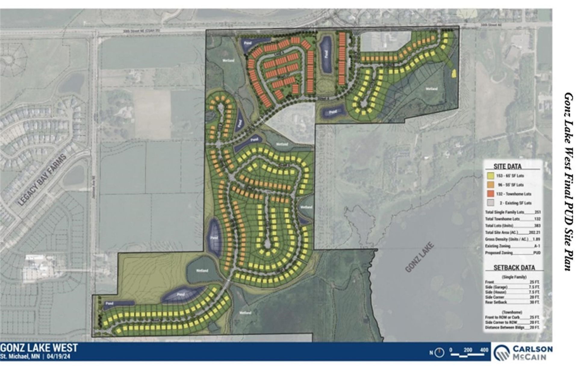 Site plan for Green Lake West residential development, with road, lake, and house layouts.