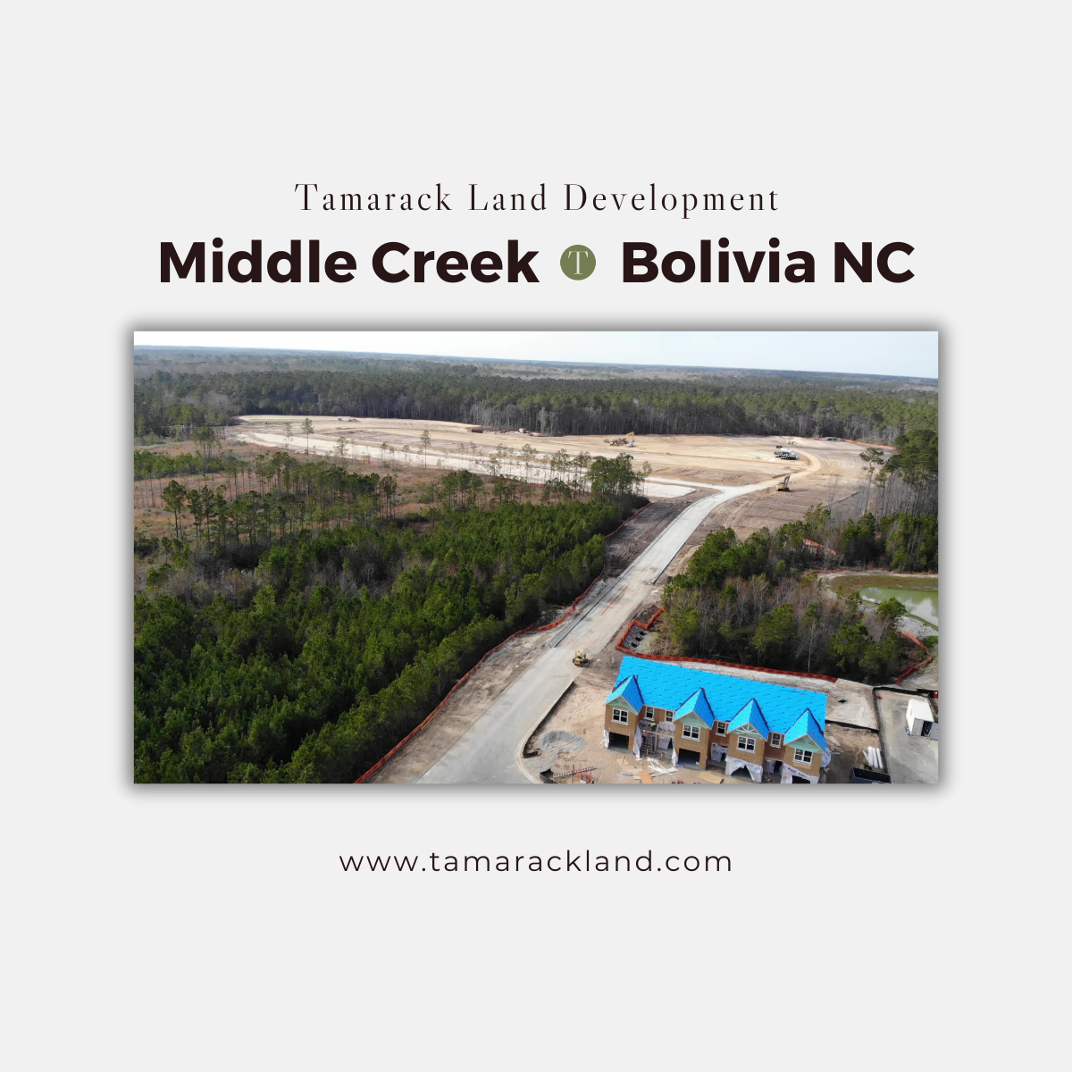 Aerial view of Middle Creek development in Bolivia, NC. Includes a road, new houses with blue roofs, and cleared land.