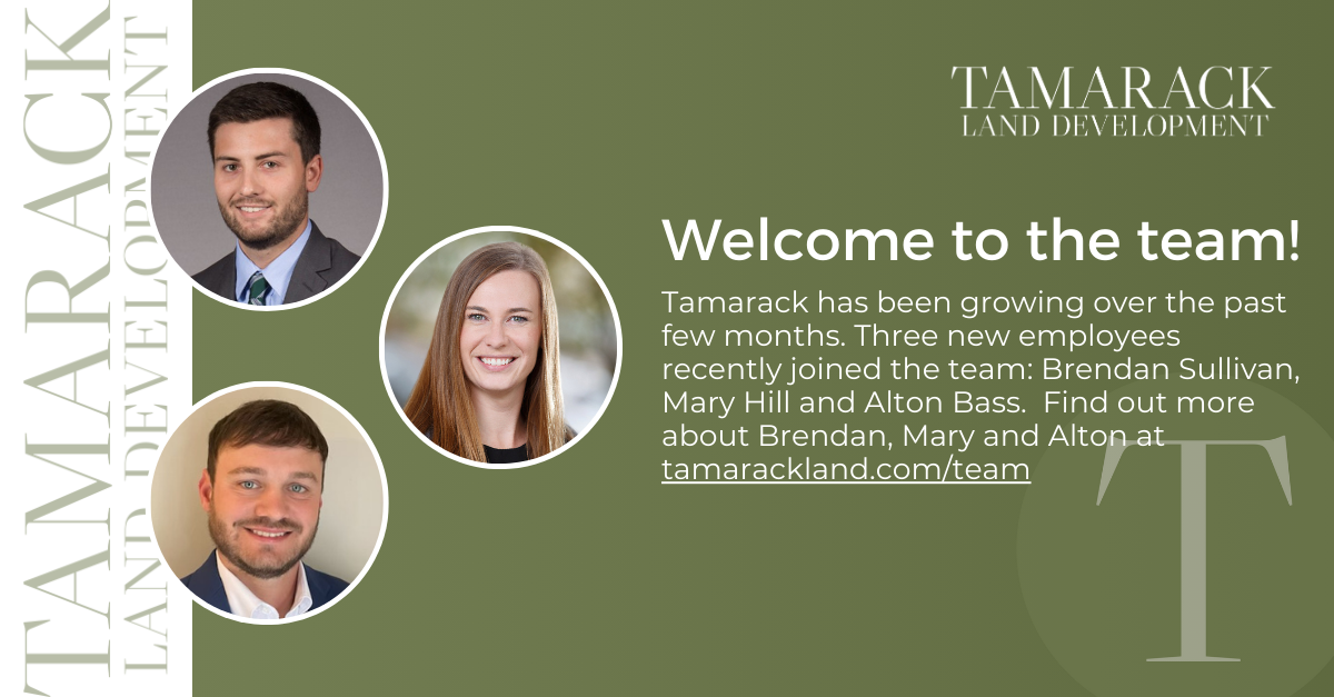 Welcome graphic for Tamarack Land Development with three employee photos, green background, and company logo.