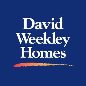 David Weekley Homes logo with white text on a blue background, a colorful brushstroke at the bottom.