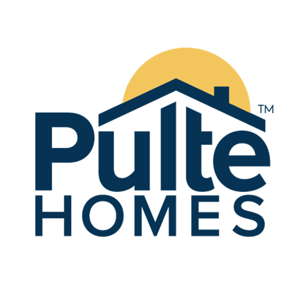 Pulte Homes logo: Blue text with house icon over a yellow sun.