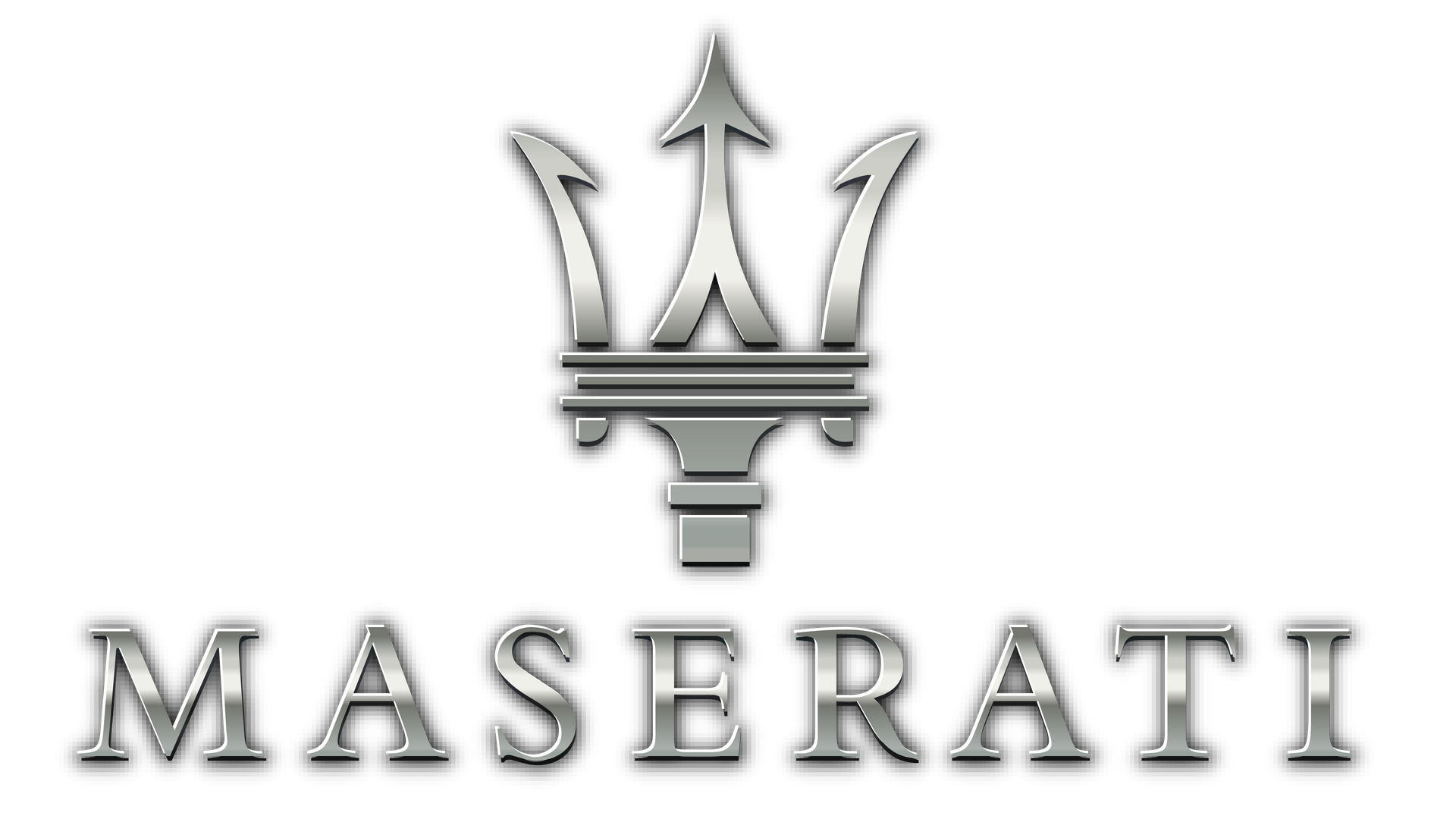 Un logo Maserati argentato su sfondo bianco