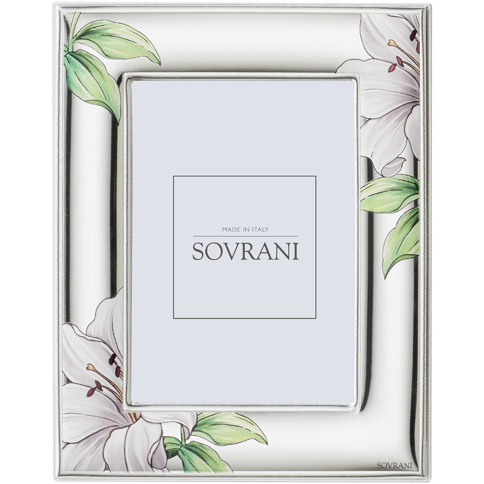 Una cornice con fiori bianchi e foglie verdi