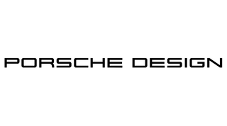 Un logo in bianco e nero per il design Porsche su uno sfondo bianco.