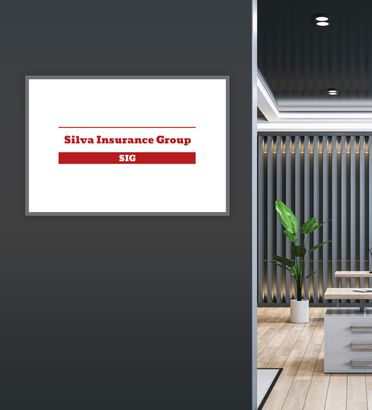 Office sign for Silva Insurance Group, suite 310, on a gray wall in a modern lobby.