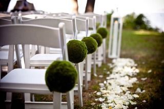 White chairs lined outdoors with green moss ball decorations along a grassy aisle on a wedding setup