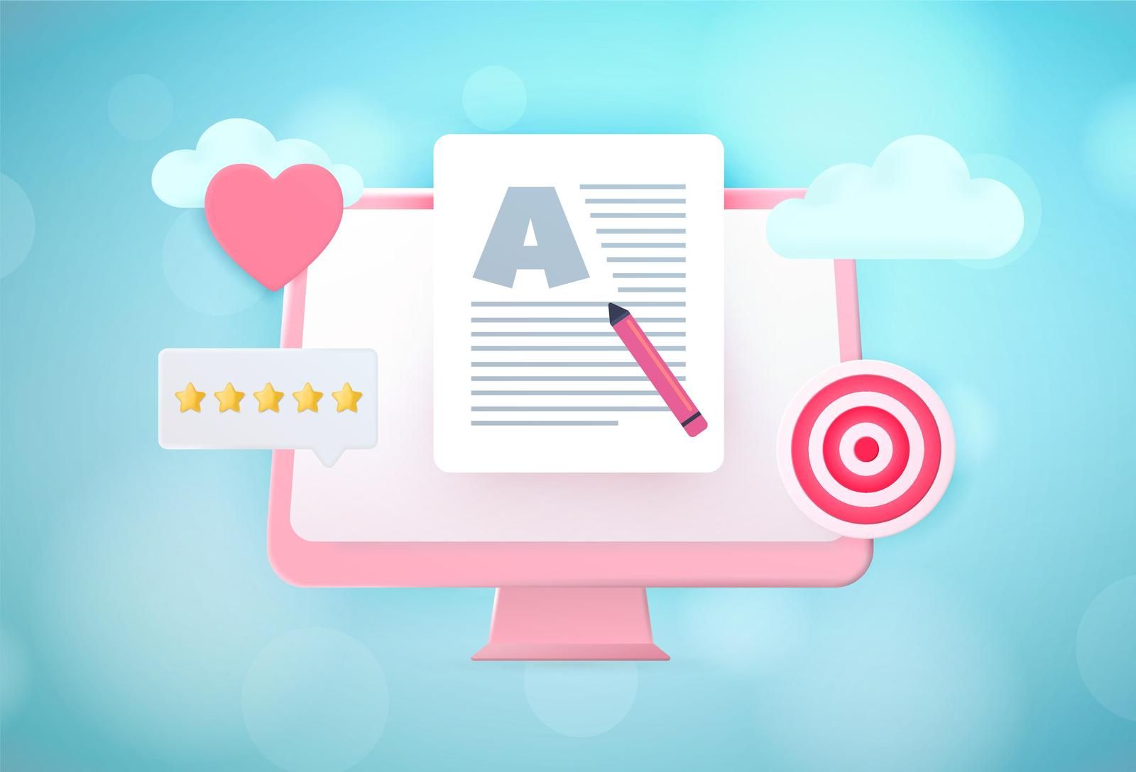 Pink computer screen displaying text, with a heart, clouds, stars, and target; for blogging.