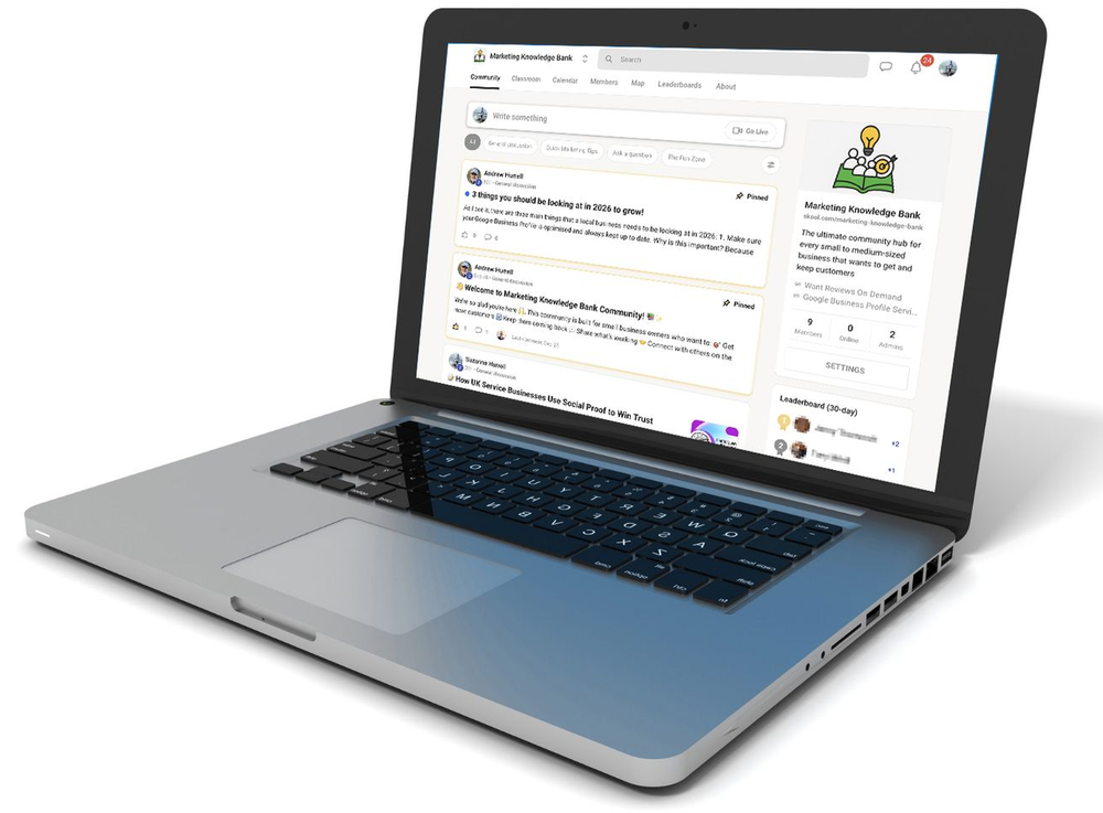 laptop with Skool dashboard on screen