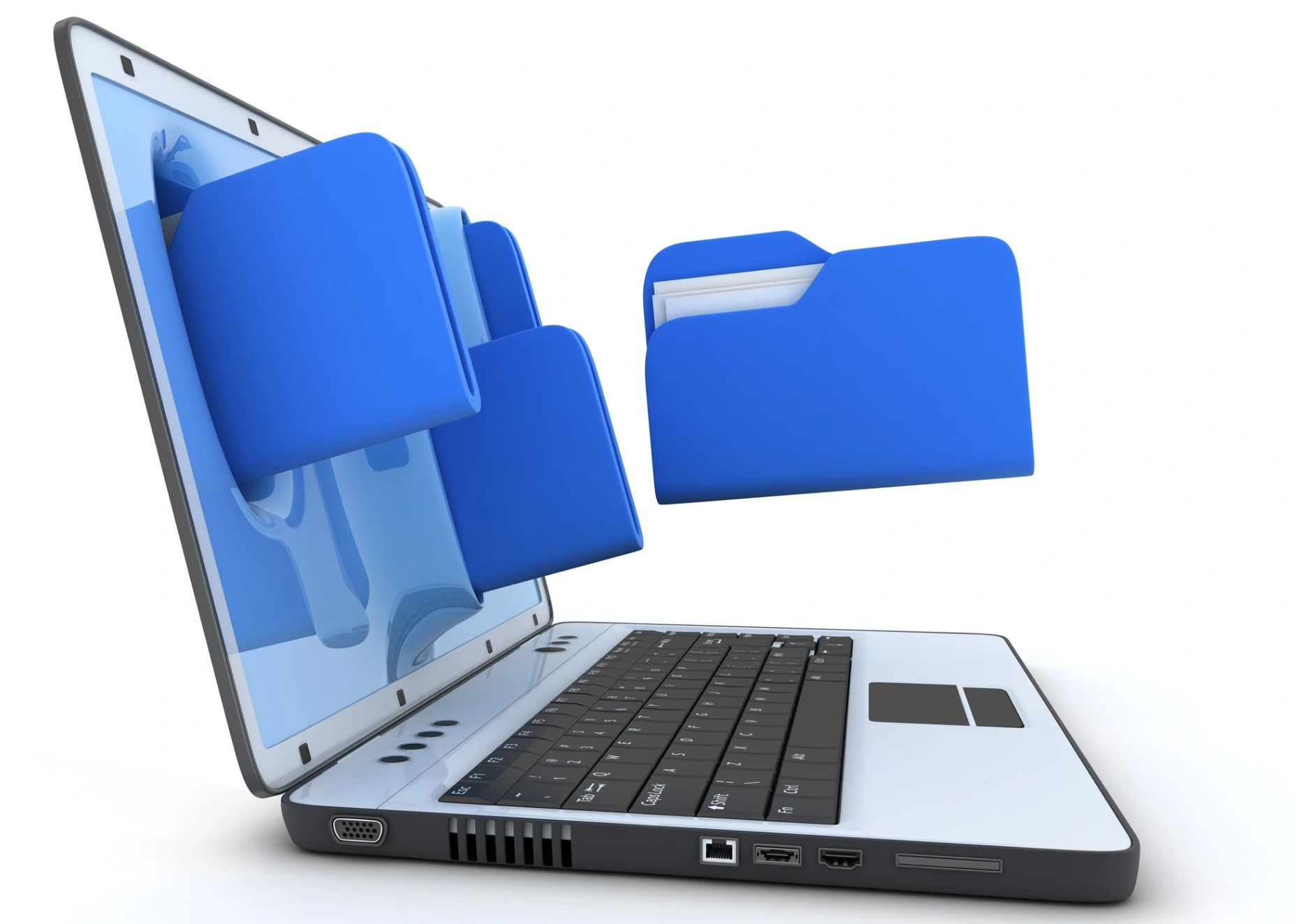 Blue folders emerging from a laptop screen.