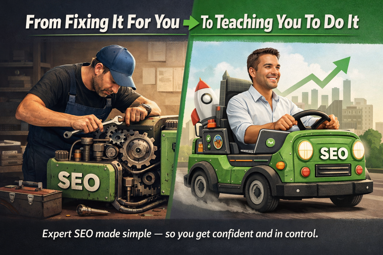 Comparison: Mechanic fixing SEO (left) vs. man driving an SEO-themed car with a rocket (right). Text: