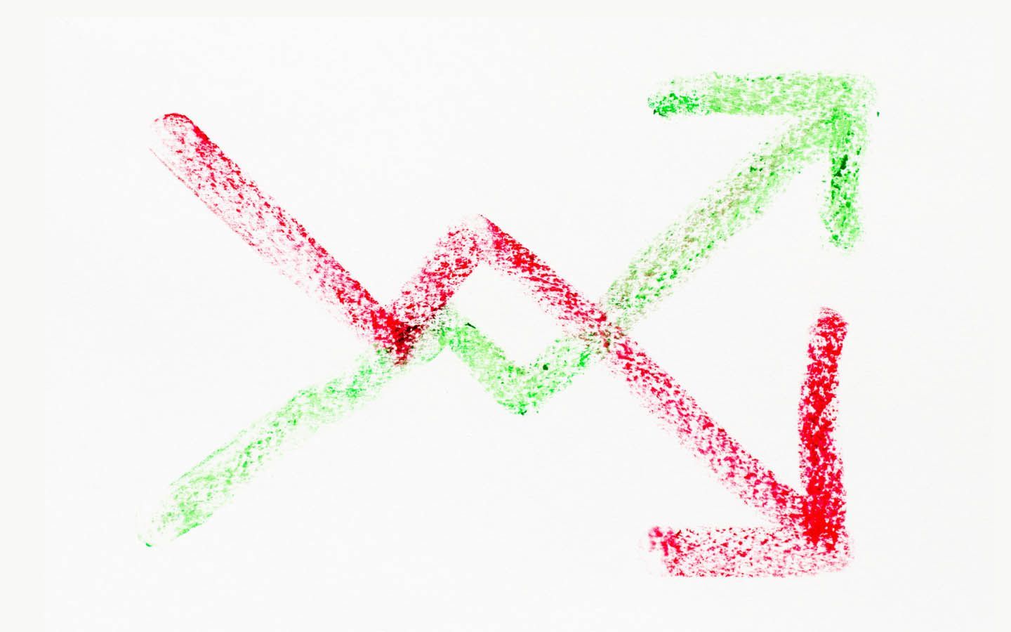 A red and green arrow pointing up and down on a white background.