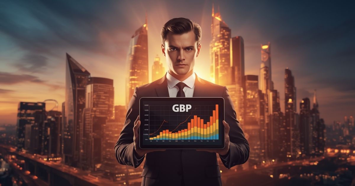 Businessman holding a tablet displaying GBP stock chart against a cityscape at sunset.