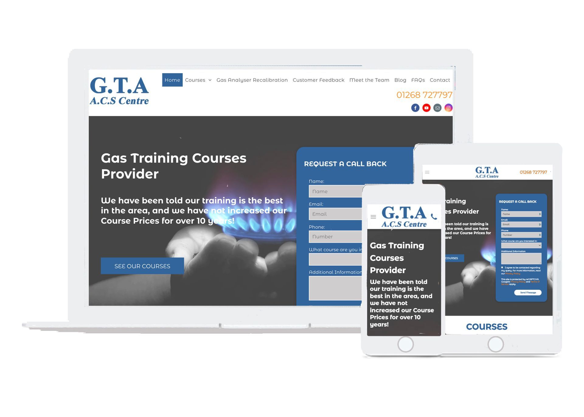 A laptop and a tablet are displaying a website for Gas Training & Assessment.