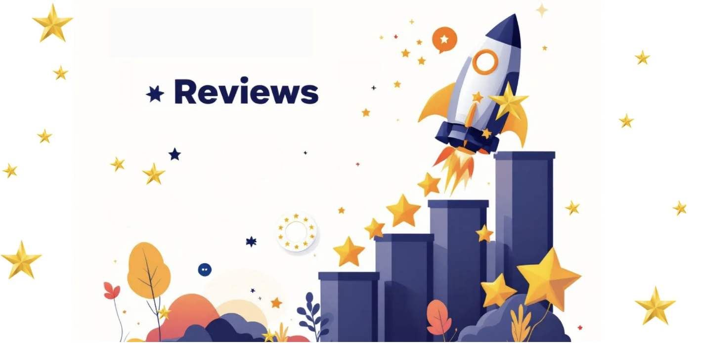 A rocket launching from a rising bar chart decorated with gold stars and abstract shapes, symbolizing reviews and growth.