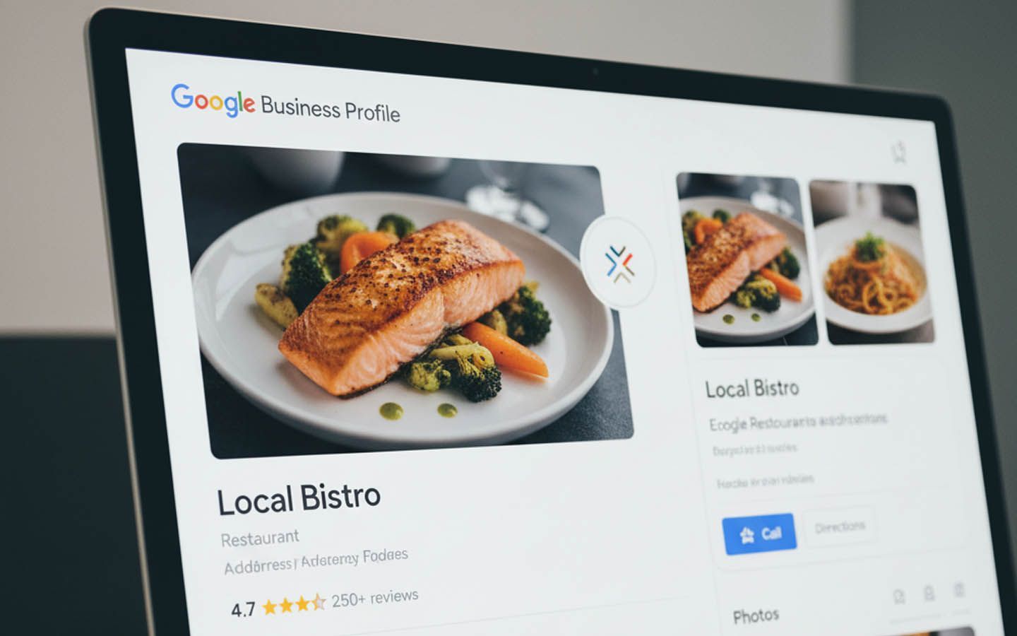 Laptop screen showing Google Business Profile for a restaurant named