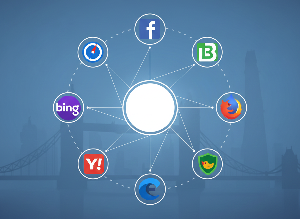 Logos of popular websites connected to a central white circle, over a blue background with a silhouette of a city.