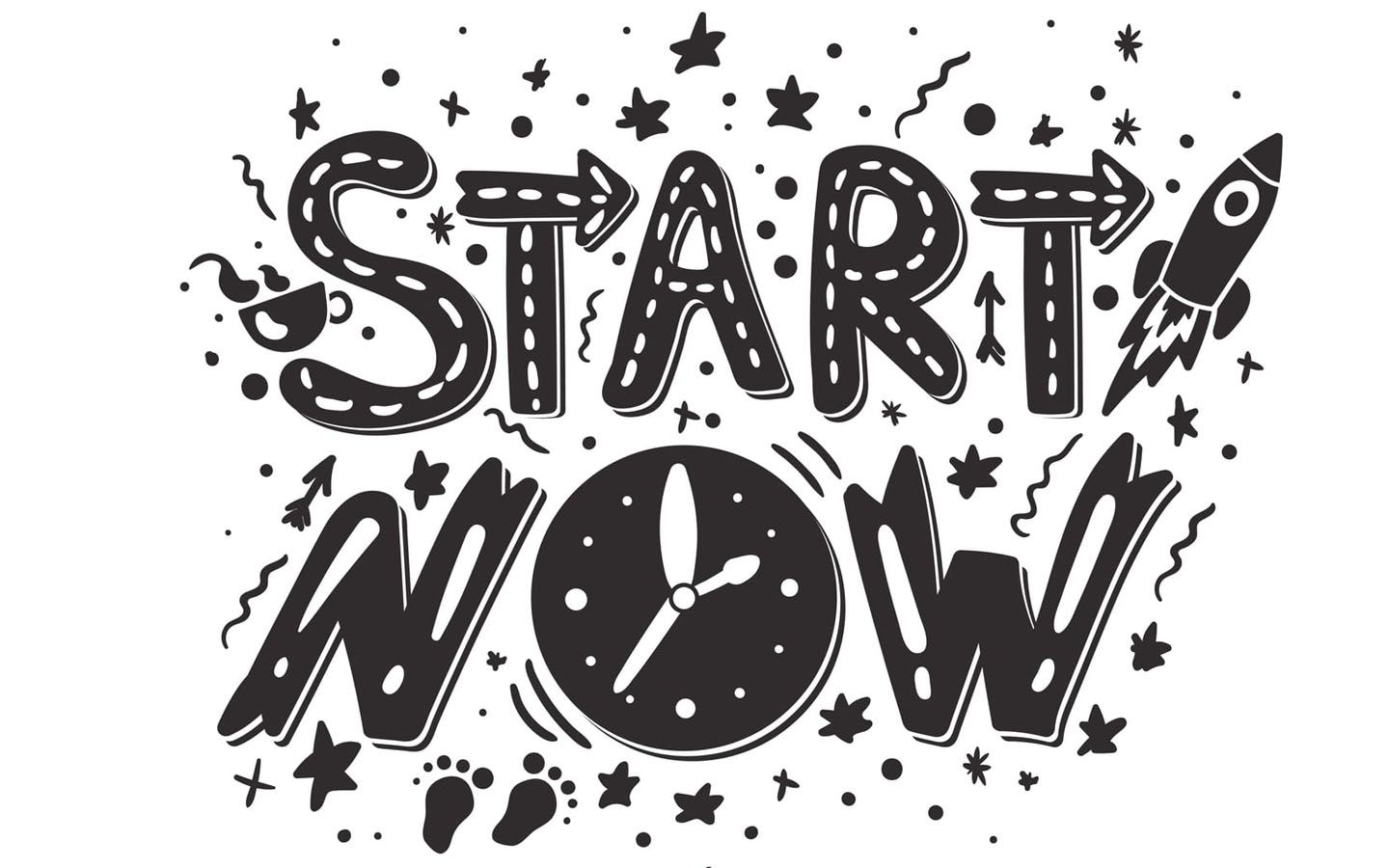 A black and white drawing of the words `` start now '' with a clock and stars.