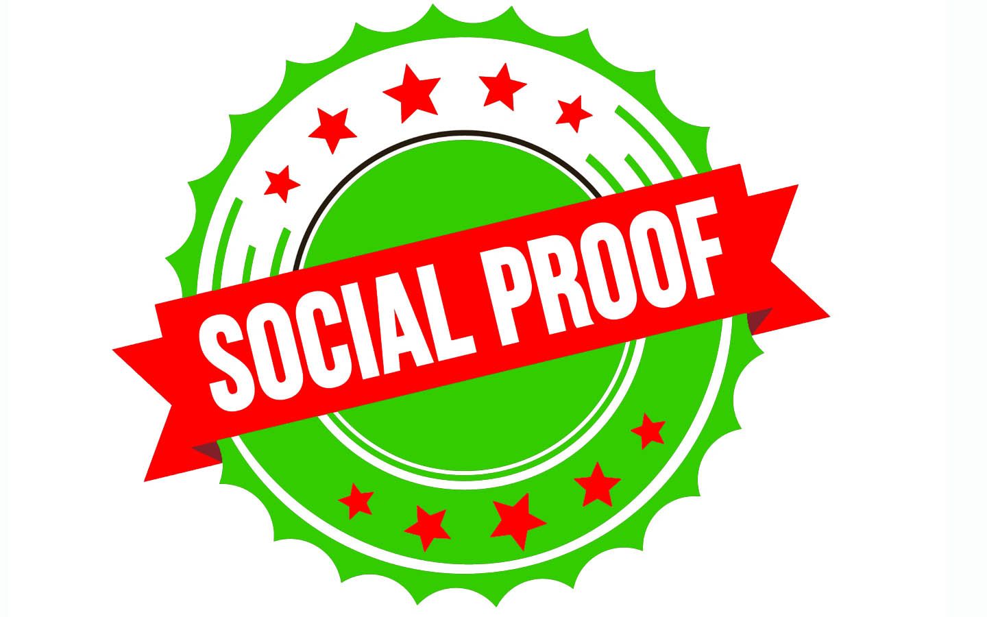 A green stamp with a red ribbon that says social proof.