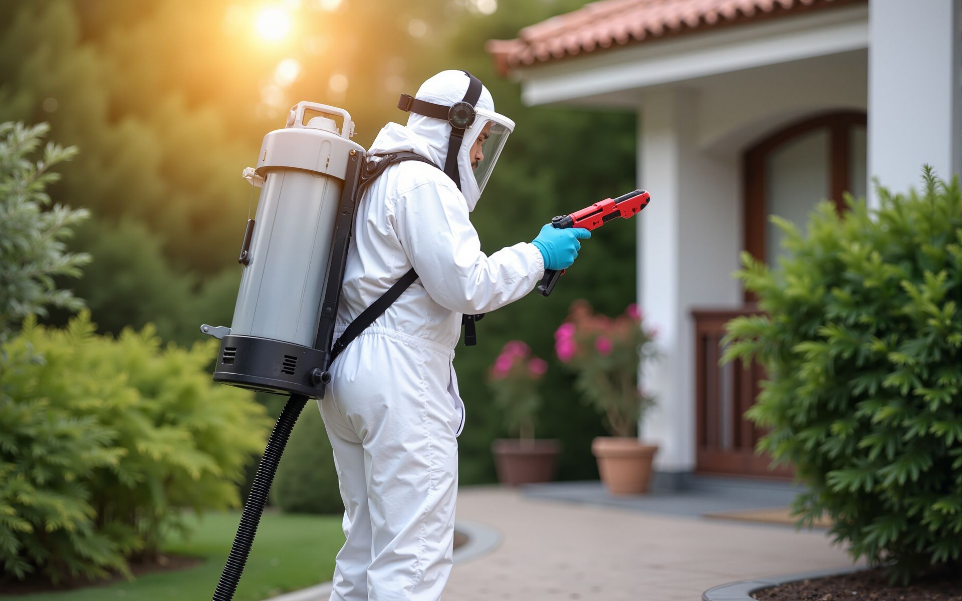 Technician in protective suit performing local pest control service outside suburban home.