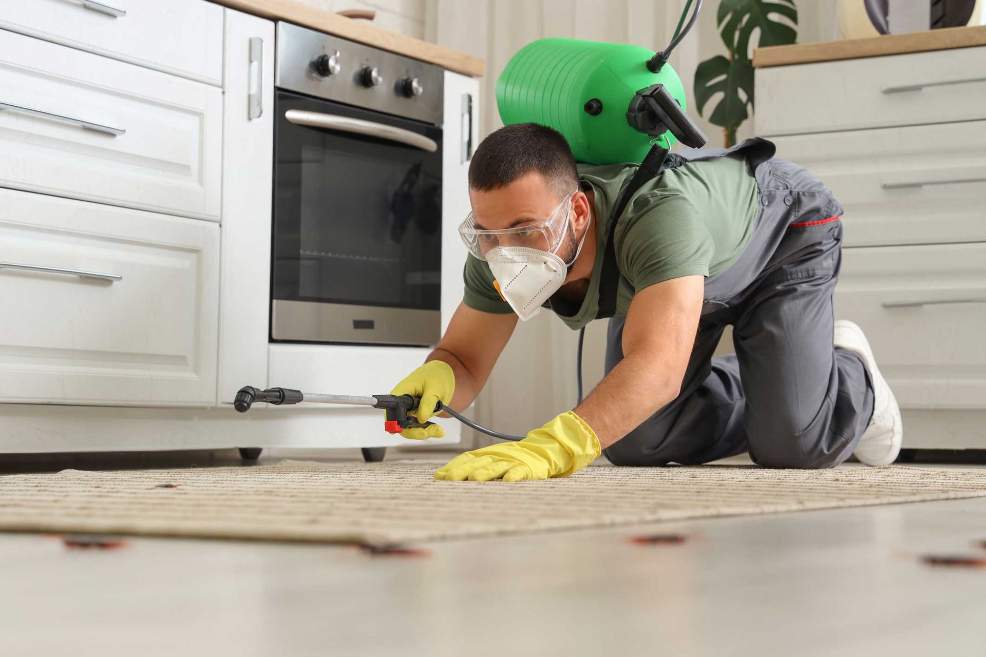 Pest control worker spraying treatment on floor in a kitchen while wearing protective gear. Pest control worker spraying treatment on floor in a kitchen while wearing protective gear.