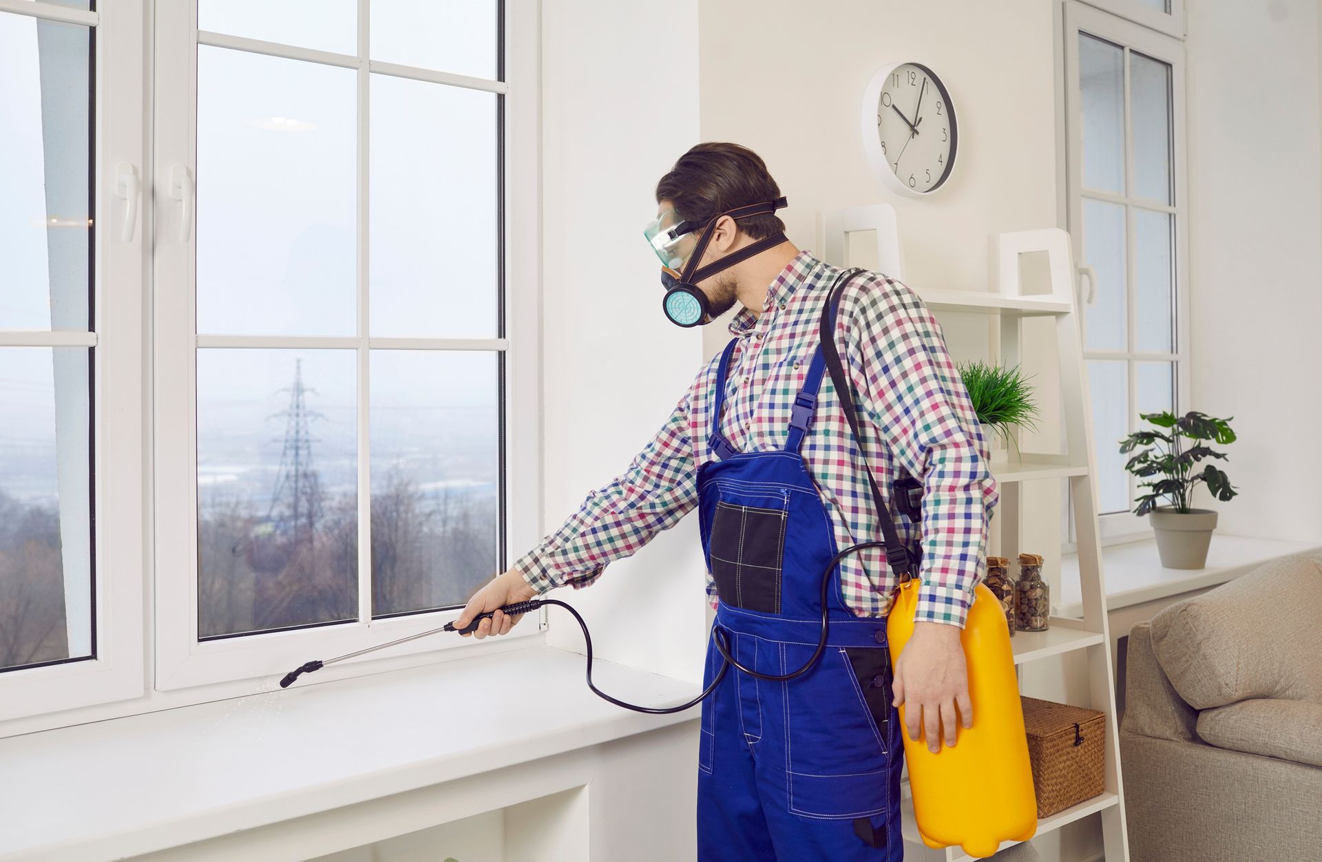 A man spraying insecticide over a a window frame.