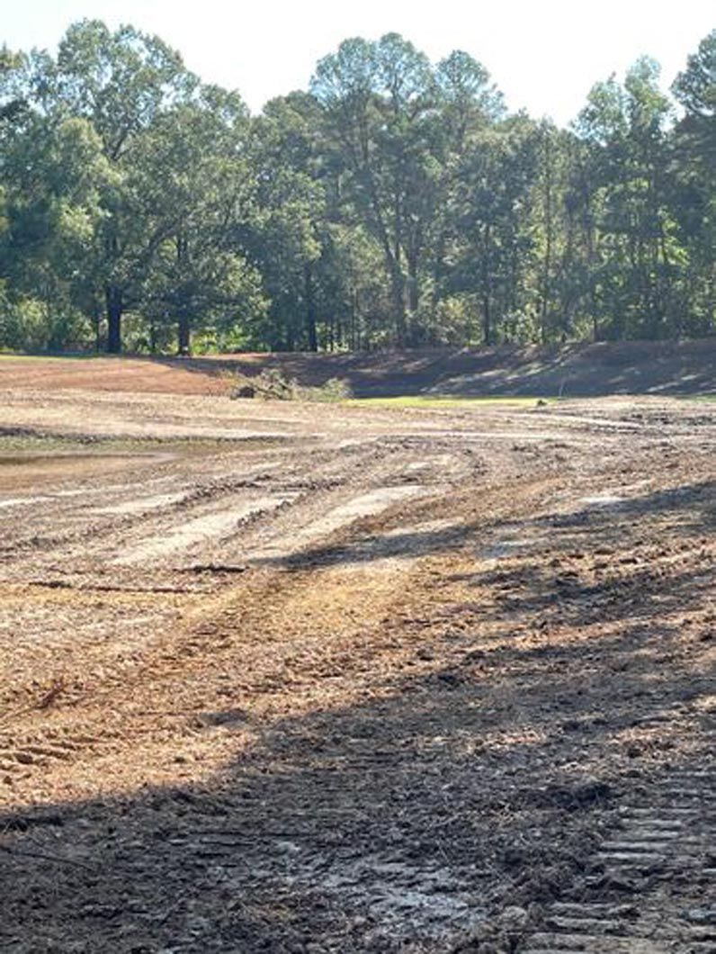 A large dirt field with trees in the background.