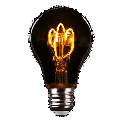 A golden-tinted LED lightbulb with a filament design, base visible.