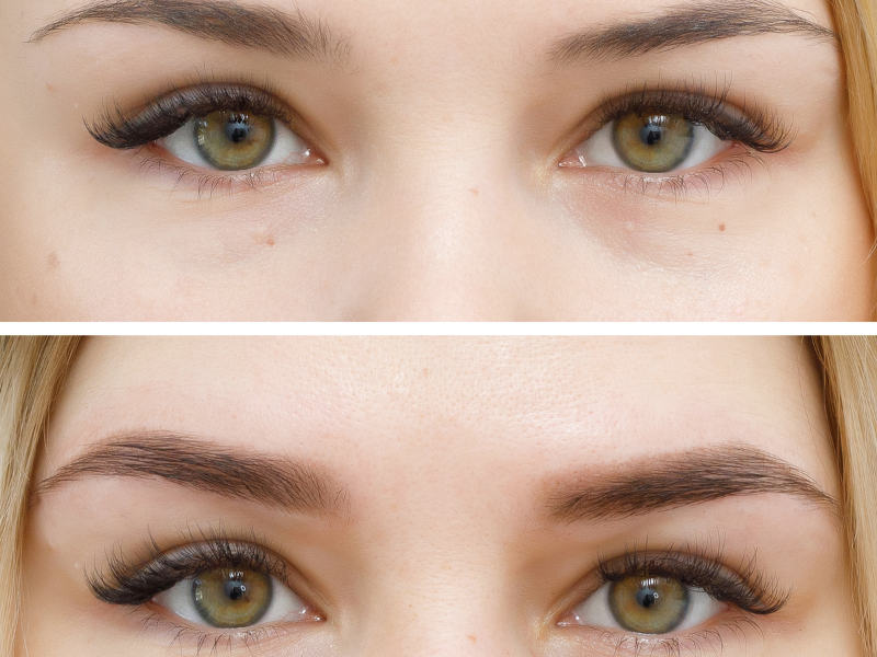 Top: Eyes with thin brows and light lashes. Bottom: Same eyes with thicker, darker brows and long lashes.