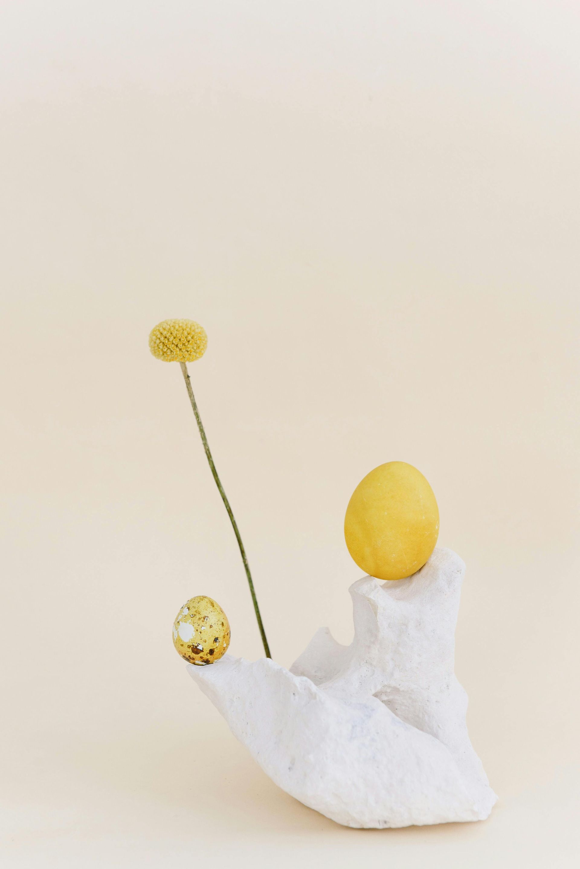 Yellow egg perched on a white, abstract sculpture next to a speckled egg and a small, yellow flower on a cream background.