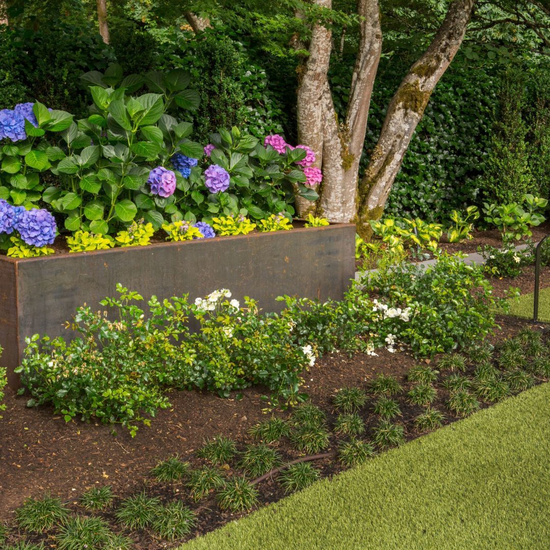 A garden with a large planter filled with flowers and plants.