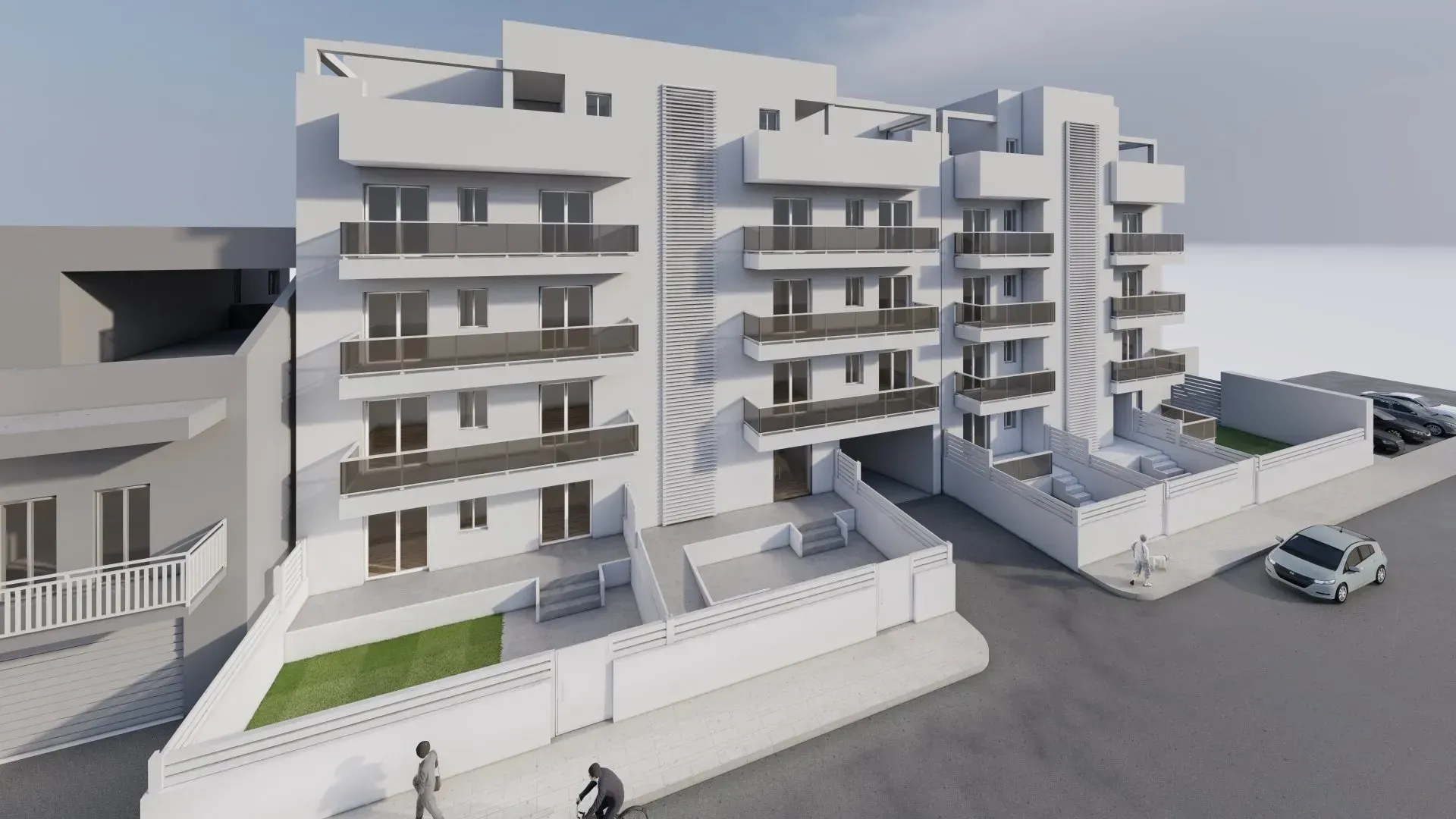 Rappresentazione artistica di un edificio con automobili parcheggiate di fronte.