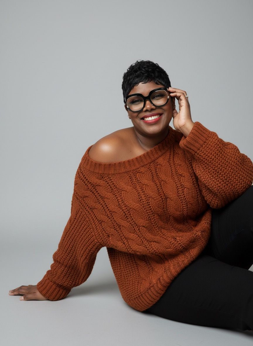 A smiling person wearing a rust-colored chunky knit sweater and black glasses, sitting against a plain grey background.