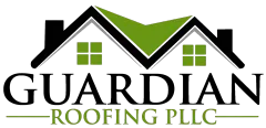 Logo for Guardian Roofing PLLC featuring a black and green roof graphic above the company name.