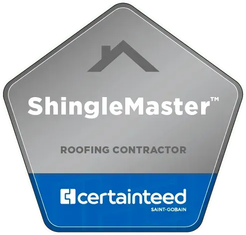 A pentagonal, silver and blue CertainTeed ShingleMaster roofing contractor credential badge.