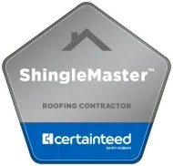 A pentagonal, silver and blue CertainTeed ShingleMaster roofing contractor credential badge.