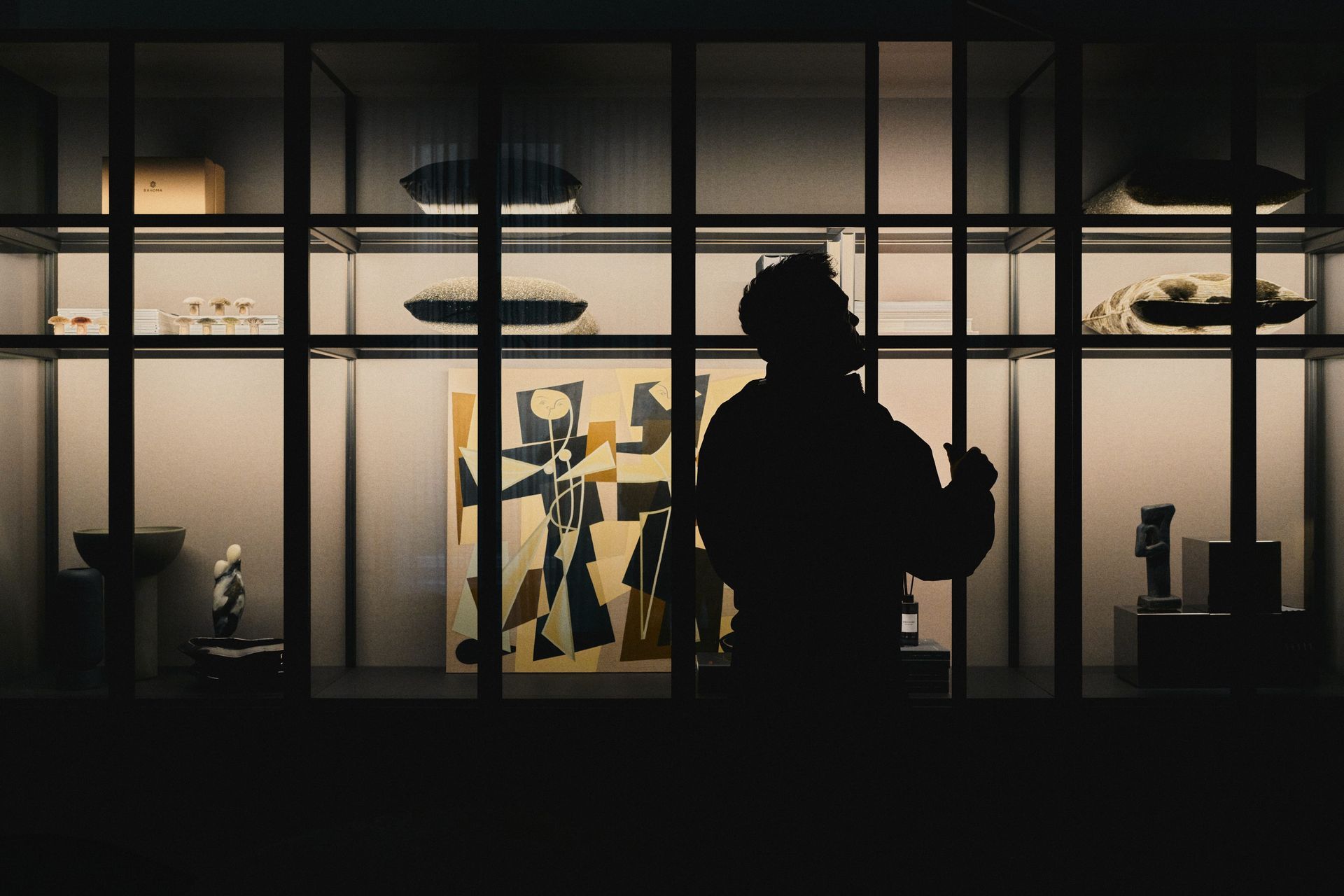Silhouette of a person looking at art displayed in a lit glass cabinet, dark interior.