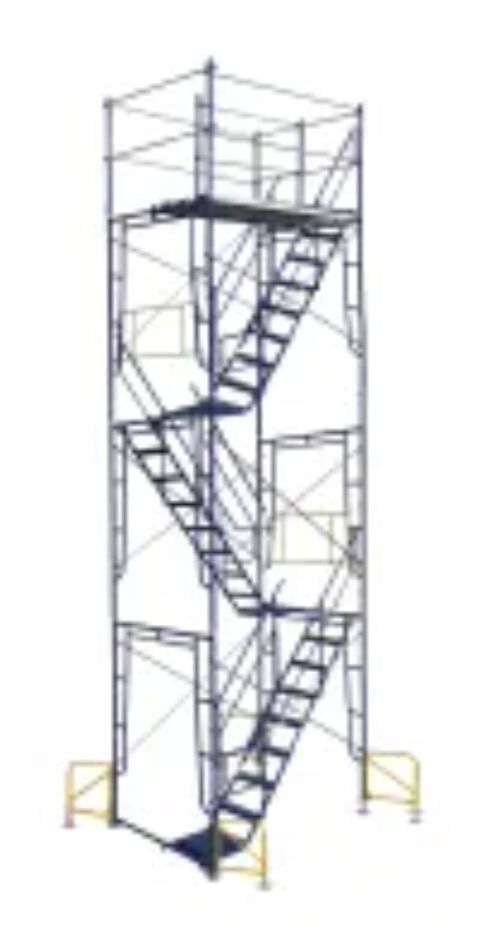 A drawing of a scaffolding tower with stairs on a white background.