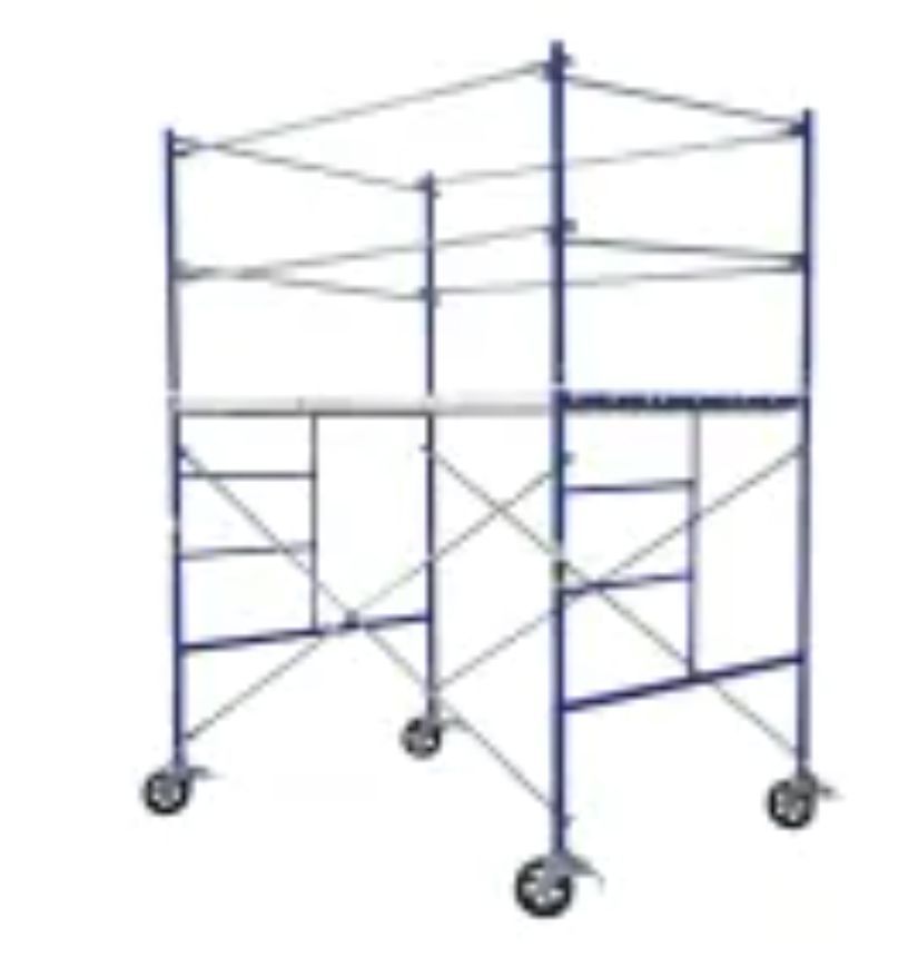 A blue scaffolding with wheels on a white background.