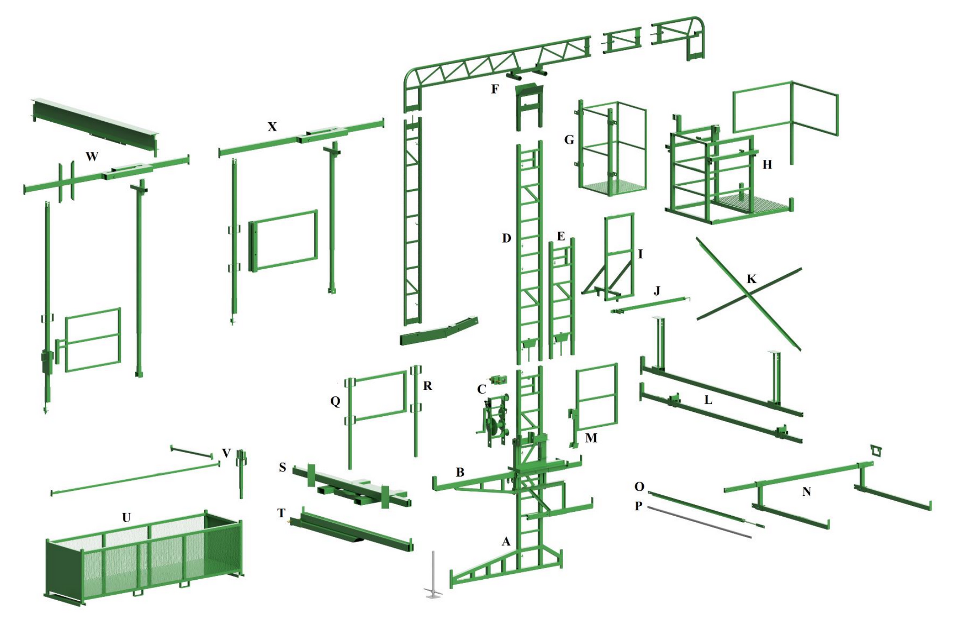 A green and white drawing of a scaffolding system.