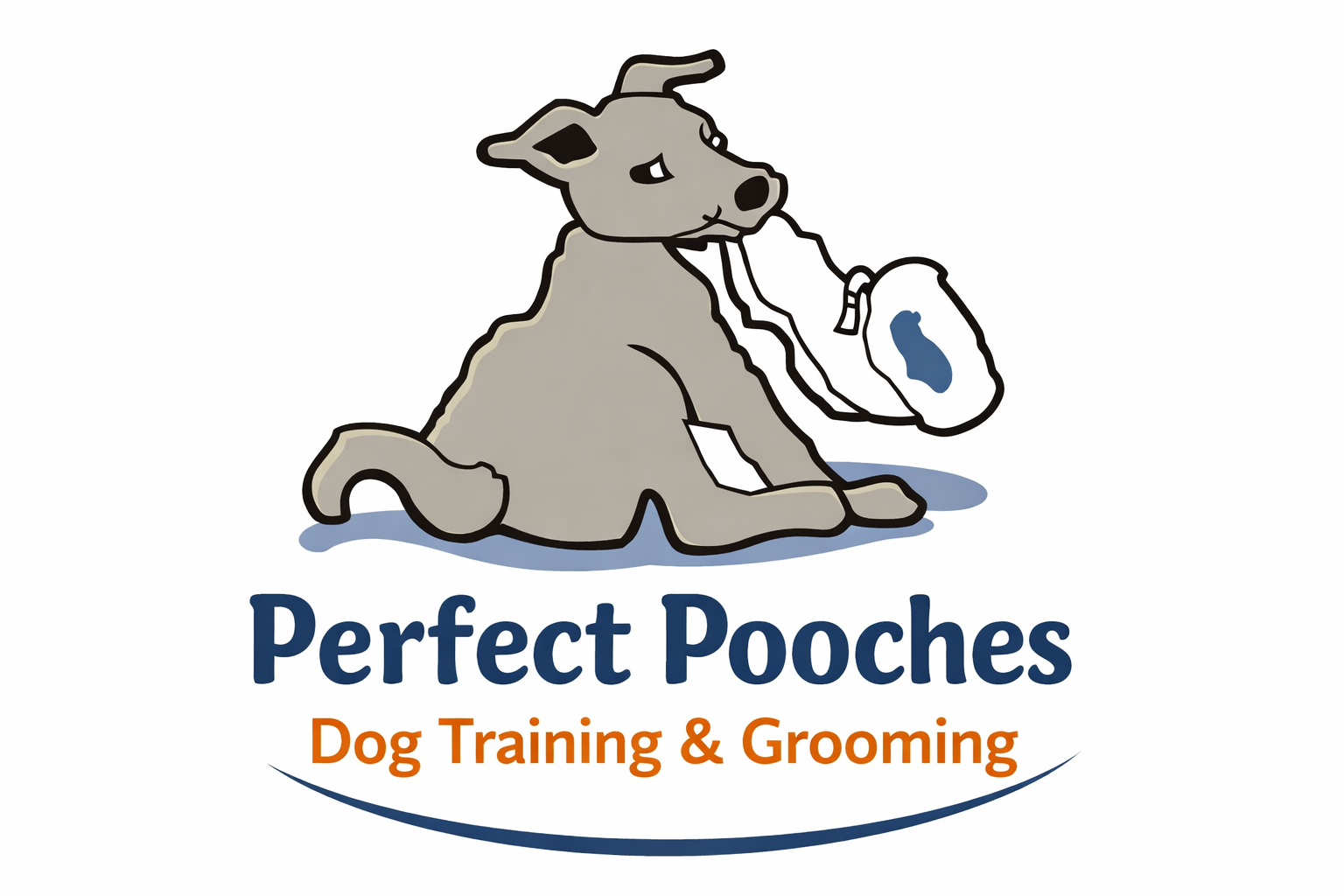 Gray dog sitting, holding a white and blue dog poop bag;